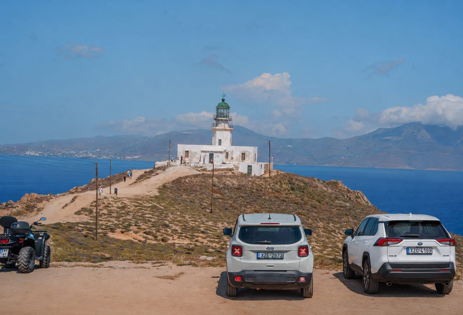 Road access to the lighthouse on Mykonos with a rental car.